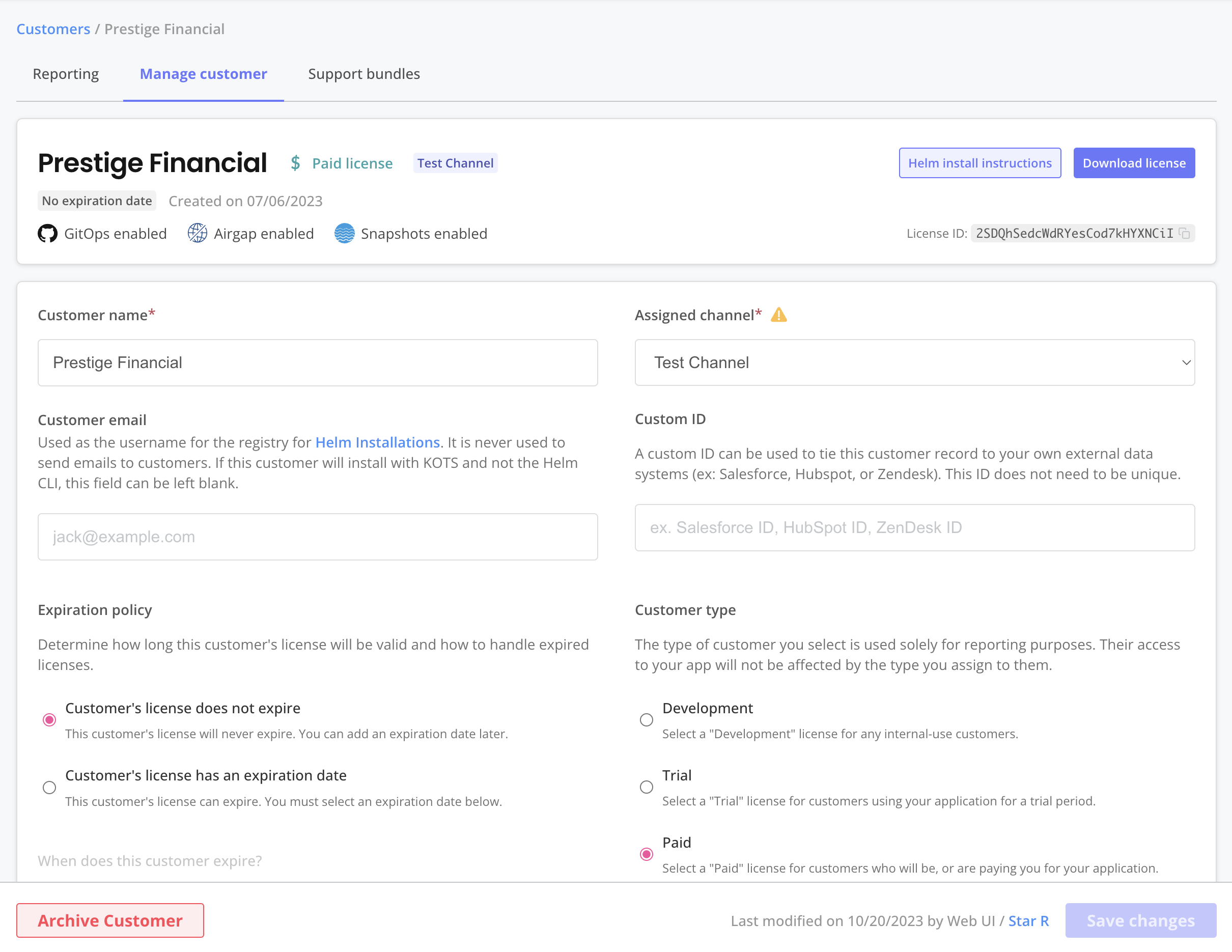 Manage customer page in the Vendor Portal